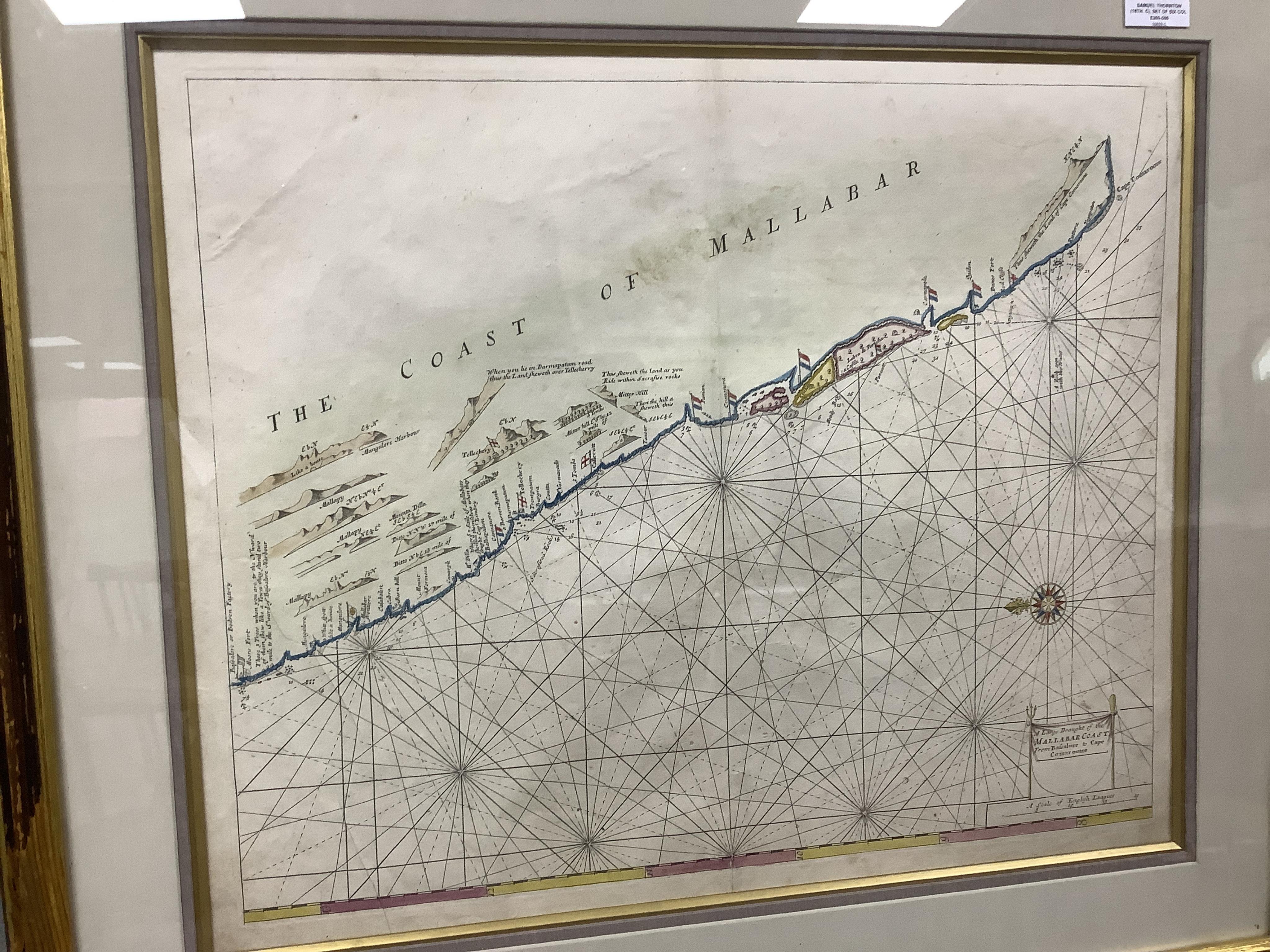 Samuel Thornton (18th. C), set of six coloured maps to include: ‘India’, ‘Coremandell’ and the ‘Coast of Mallabar’, 46 x 55cm. Condition - fair